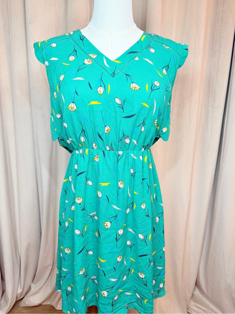41 Hawthorn Teal Floral V-Neck Elastic-Waist Midi Dress